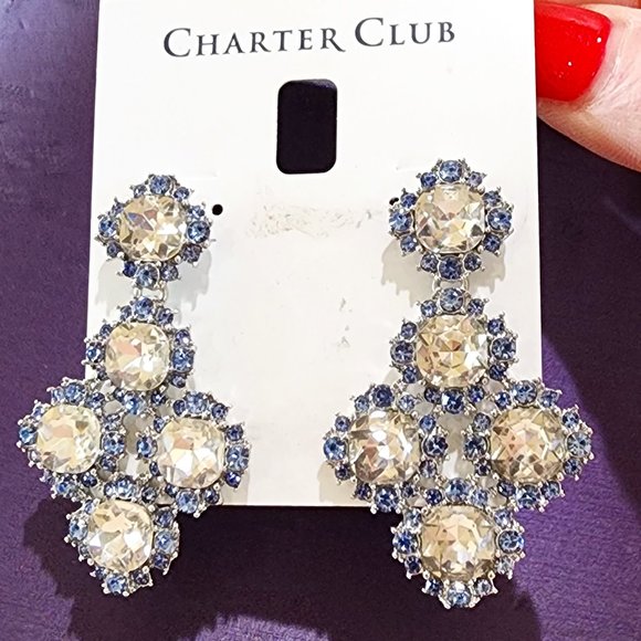 NWT Charter Club Blue White Dramatic Rhinestone Dangle Party Pierced Earrings - Picture 7 of 10